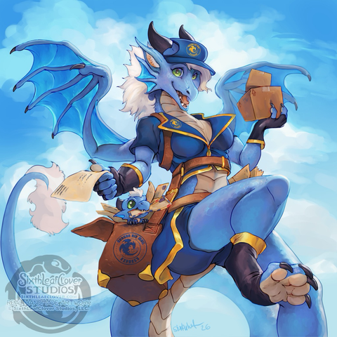 Blue dragon lady delivering packages by air mail