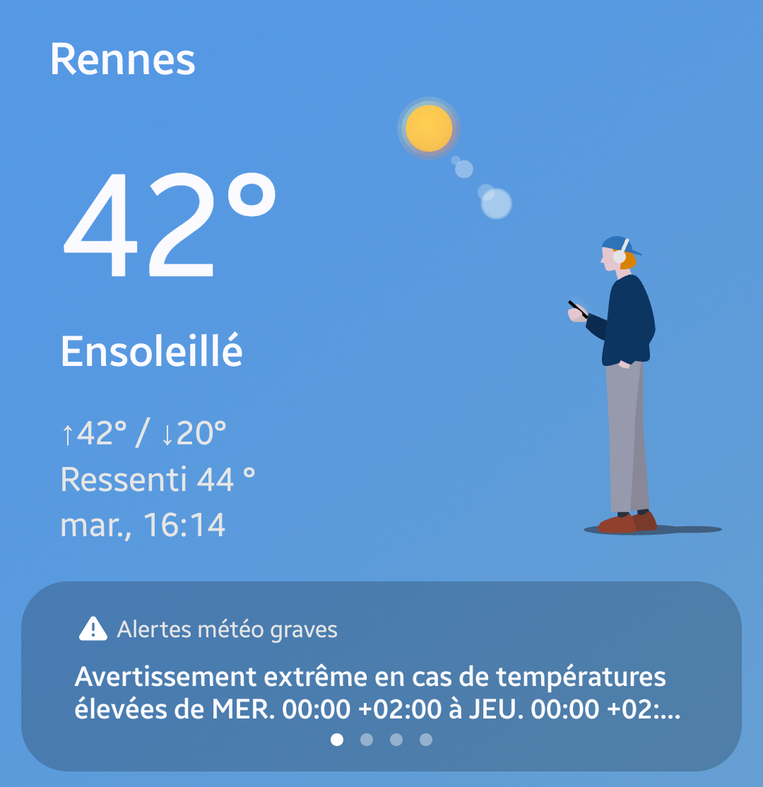 Screenshot from my weather app showing 42°C in Rennes for June 23rd 2026