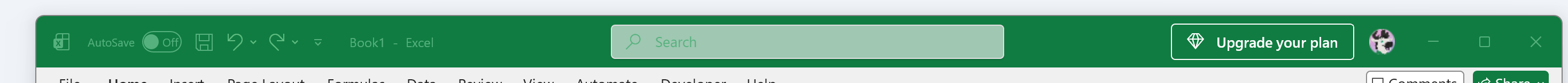 A picture of the whole excel title bar showing buttons on the left side, a search bar where the window title should go, and the "upgrade" button to the right, in contravention to typical UI convention for title bars.