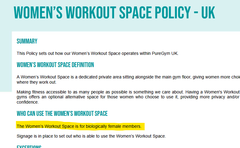 A screenshot of the linked PDF, outlining rules for a 'Womens workout space' that is 'for biologically female members'.